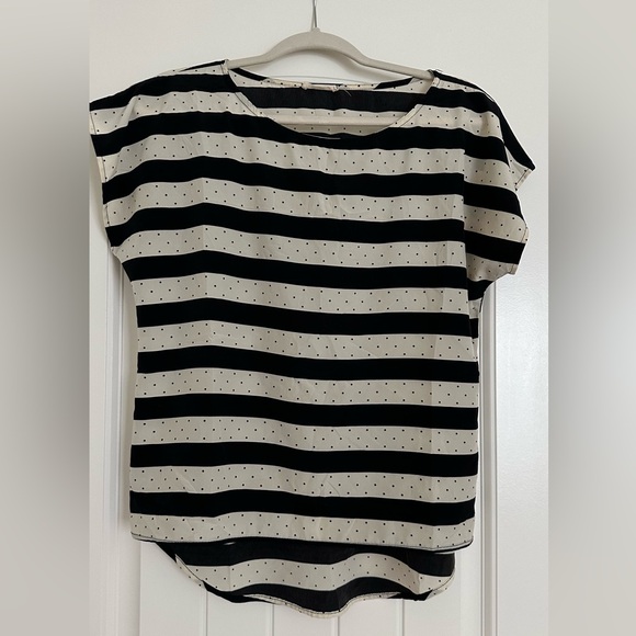EVERLY Cream Black Striped Polka Dot Top Blouse Crew Neck Short Sleeve, medium - Picture 1 of 6